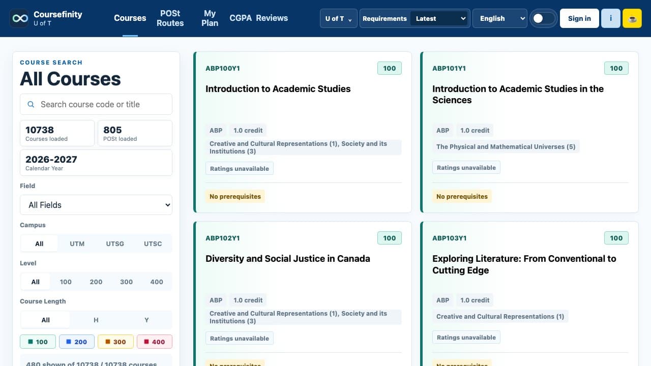 Course library search and filter interface