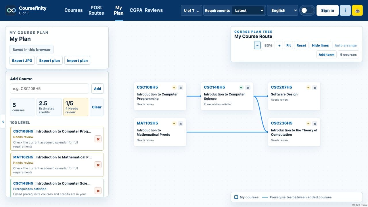 My Plan course route interface